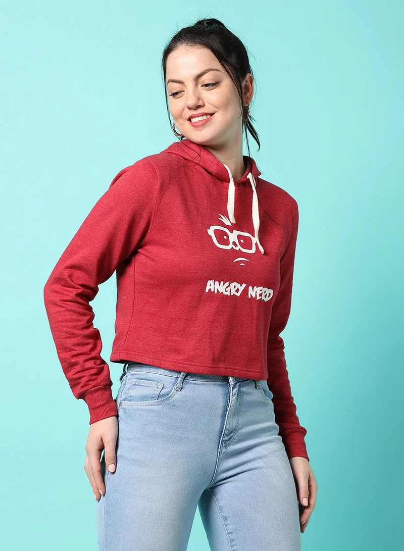 Campus Sutra Women's Rose Red Angry-Nerd Print Crop Hoodie