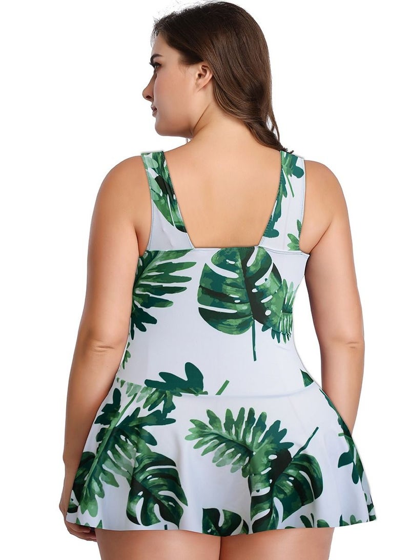إسكدنيا Green Leaf Pattern Skirt Style Split Bikini Big Size Swimsuit Female White  - Image 3