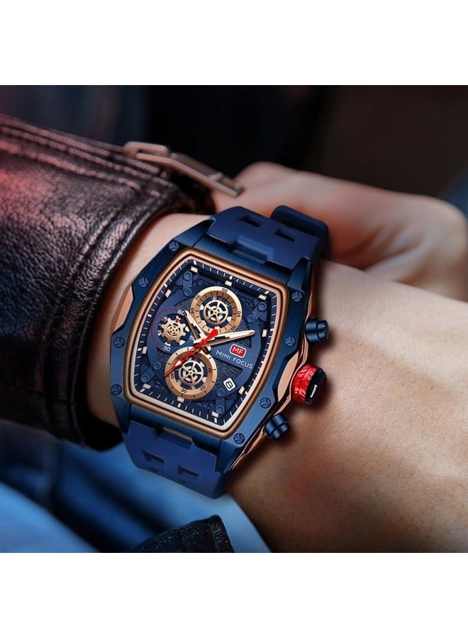 MF MINI FOCUS Watch for Men Wristwatch Fashion Hollow Big Dial Luminous Waterproof Sport Analog Quartz Business Chronograph Mens Watches Blue Silicon Strap Dress Watch(0473Gold Blue), N-Gold blue, - Image 5