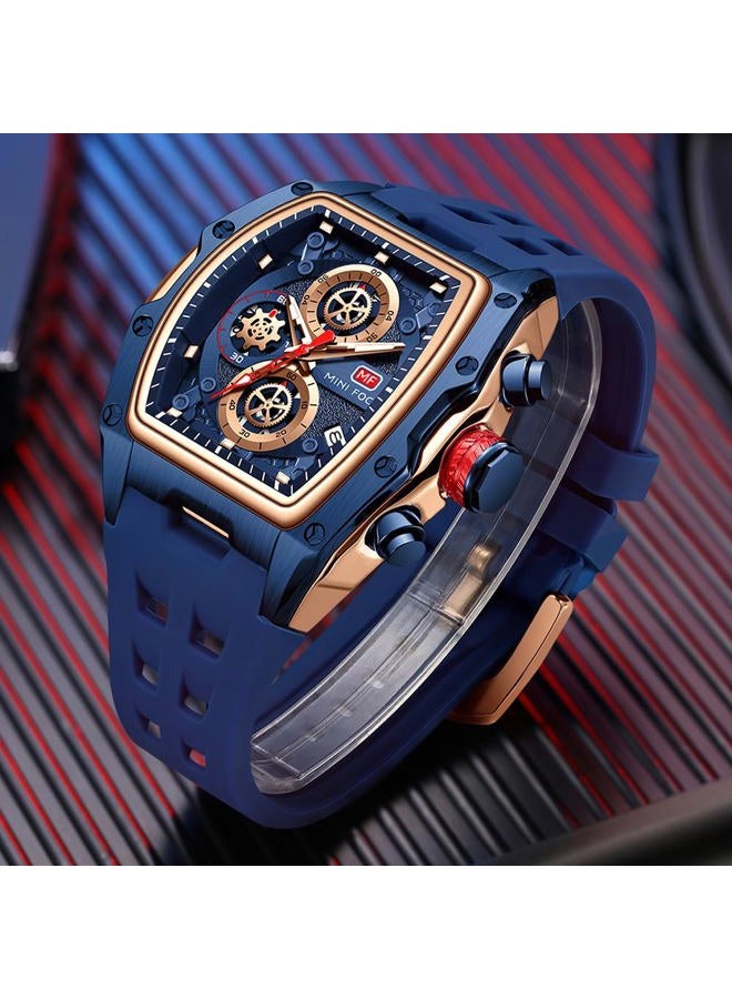 MF MINI FOCUS Watch for Men Wristwatch Fashion Hollow Big Dial Luminous Waterproof Sport Analog Quartz Business Chronograph Mens Watches Blue Silicon Strap Dress Watch(0473Gold Blue), N-Gold blue, - Image 3