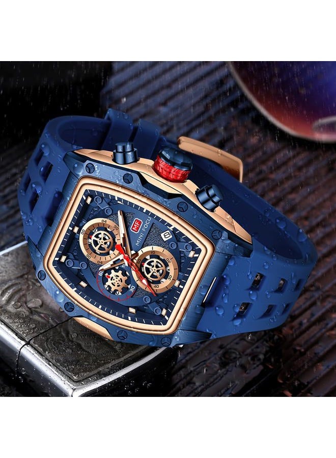 MF MINI FOCUS Watch for Men Wristwatch Fashion Hollow Big Dial Luminous Waterproof Sport Analog Quartz Business Chronograph Mens Watches Blue Silicon Strap Dress Watch(0473Gold Blue), N-Gold blue, - Image 4