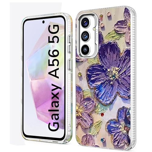 Elzzi Case for Samsung Galaxy A56 5G, Cute Colourful Flower Oil Painting Blue Ray Cover Glossy PC+TPU Shockproof Bumper with Full Camera Protection Stylish Shiny Phone Case for Girls & Women (Purple) - Image 2