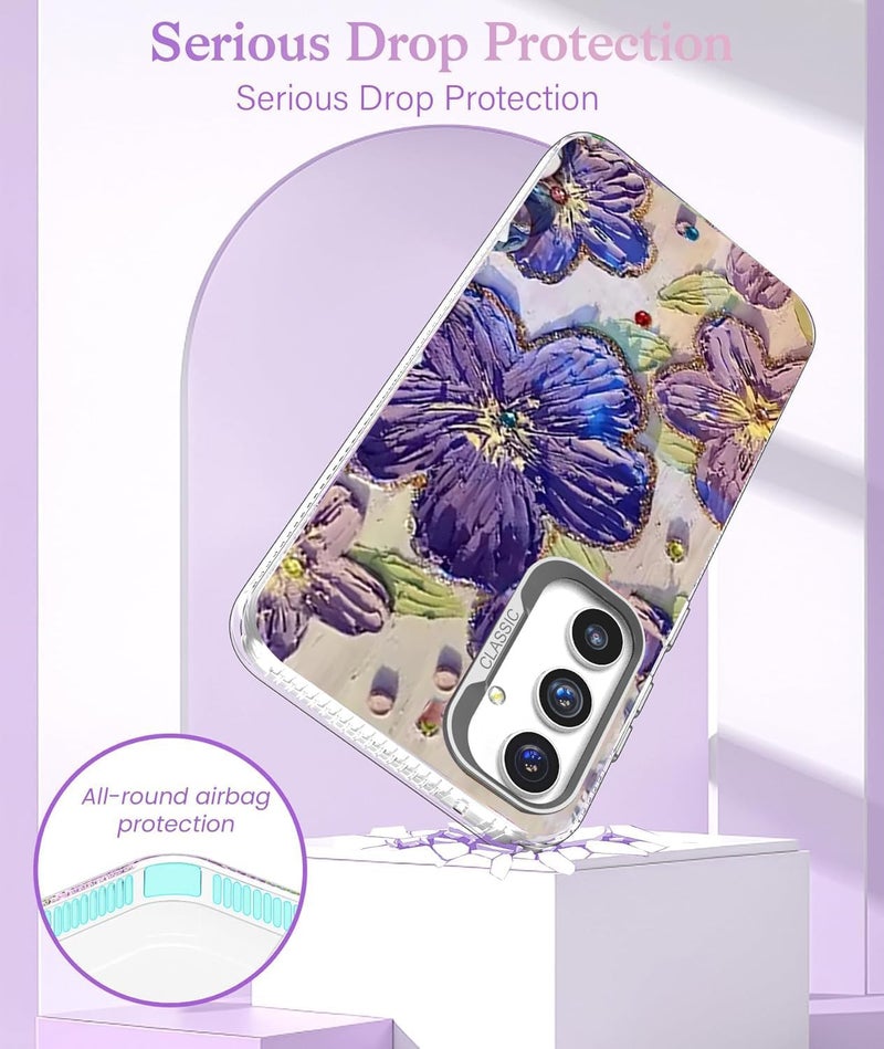 Elzzi Case for Samsung Galaxy A56 5G, Cute Colourful Flower Oil Painting Blue Ray Cover Glossy PC+TPU Shockproof Bumper with Full Camera Protection Stylish Shiny Phone Case for Girls & Women (Purple) - Image 5