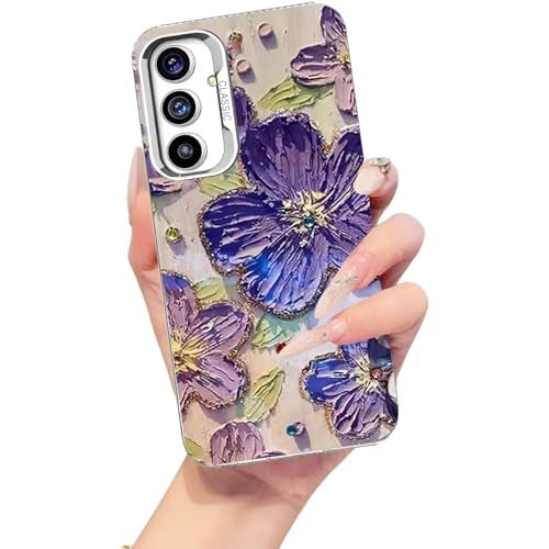 Elzzi Case for Samsung Galaxy A56 5G, Cute Colourful Flower Oil Painting Blue Ray Cover Glossy PC+TPU Shockproof Bumper with Full Camera Protection Stylish Shiny Phone Case for Girls & Women (Purple) - Image 1