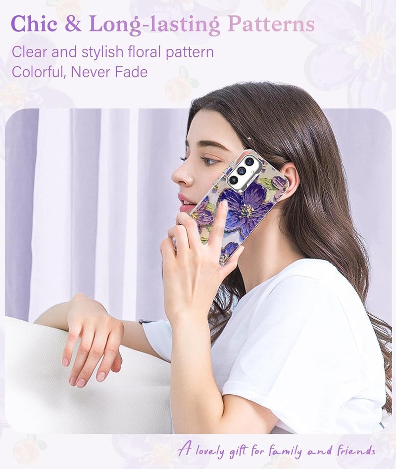 Elzzi Case for Samsung Galaxy A56 5G, Cute Colourful Flower Oil Painting Blue Ray Cover Glossy PC+TPU Shockproof Bumper with Full Camera Protection Stylish Shiny Phone Case for Girls & Women (Purple) - Image 4