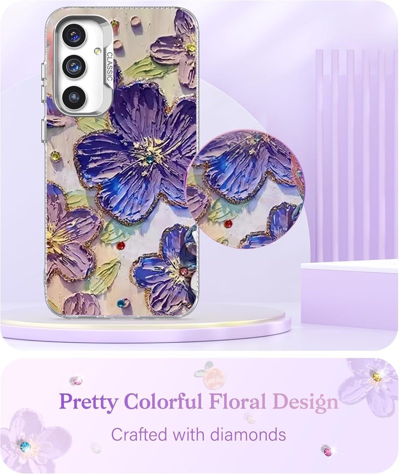 Elzzi Case for Samsung Galaxy A56 5G, Cute Colourful Flower Oil Painting Blue Ray Cover Glossy PC+TPU Shockproof Bumper with Full Camera Protection Stylish Shiny Phone Case for Girls & Women (Purple) - Image 3