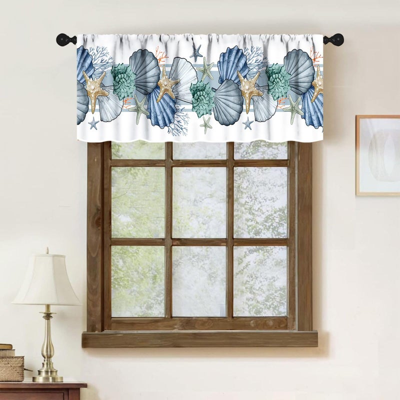 Lnepty Nautical Window Valance,Summer Ocean Coral Shell Conch Starfish White Valance Curtains Treatment for Kitchen Living Room Bedroom Bathroom 1 Piece,54x18 Inch - Image 2