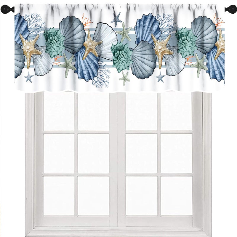 Lnepty Nautical Window Valance,Summer Ocean Coral Shell Conch Starfish White Valance Curtains Treatment for Kitchen Living Room Bedroom Bathroom 1 Piece,54x18 Inch - Image 1