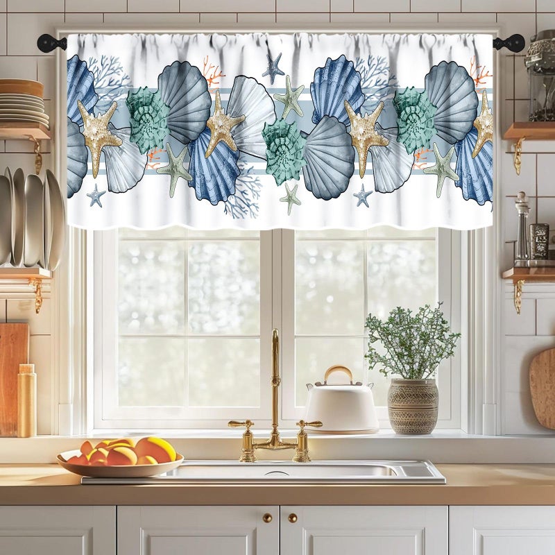 Lnepty Nautical Window Valance,Summer Ocean Coral Shell Conch Starfish White Valance Curtains Treatment for Kitchen Living Room Bedroom Bathroom 1 Piece,54x18 Inch - Image 3