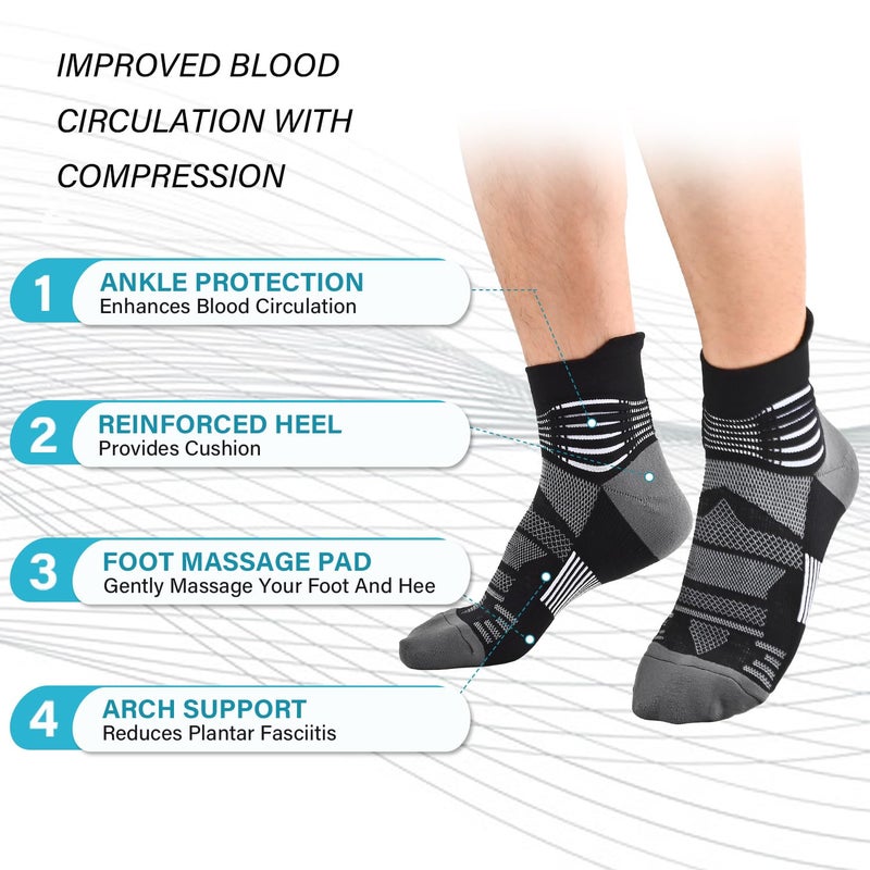 IRAMY Compression Ankle Support Socks Coolmax Wicking Cushioned Athletic Plantar Fasciitis Relief Men Women 3 Pairs,Black+White+Dark Grey, Large Size - Image 4