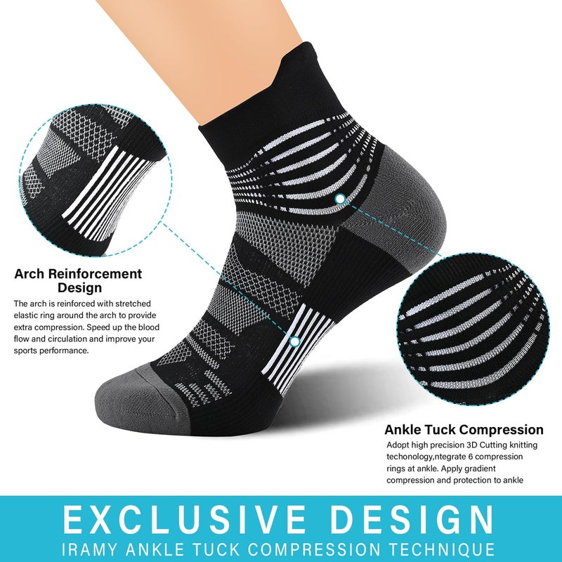 IRAMY Compression Ankle Support Socks Coolmax Wicking Cushioned Athletic Plantar Fasciitis Relief Men Women 3 Pairs,Black+White+Dark Grey, Large Size - Image 2