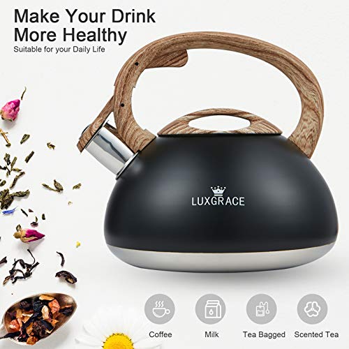 LUXGRACE s-p Whistling Tea Kettle Stainless Steel Teapot, Teakettle for Stovetop Induction Stove Top, Fast Boiling Heat Water Tea Pot 2.2 Quart(Black) - Image 2