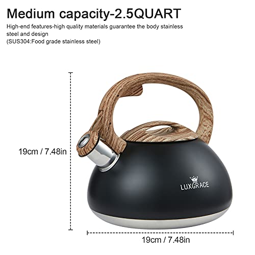 LUXGRACE s-p Whistling Tea Kettle Stainless Steel Teapot, Teakettle for Stovetop Induction Stove Top, Fast Boiling Heat Water Tea Pot 2.2 Quart(Black) - Image 5
