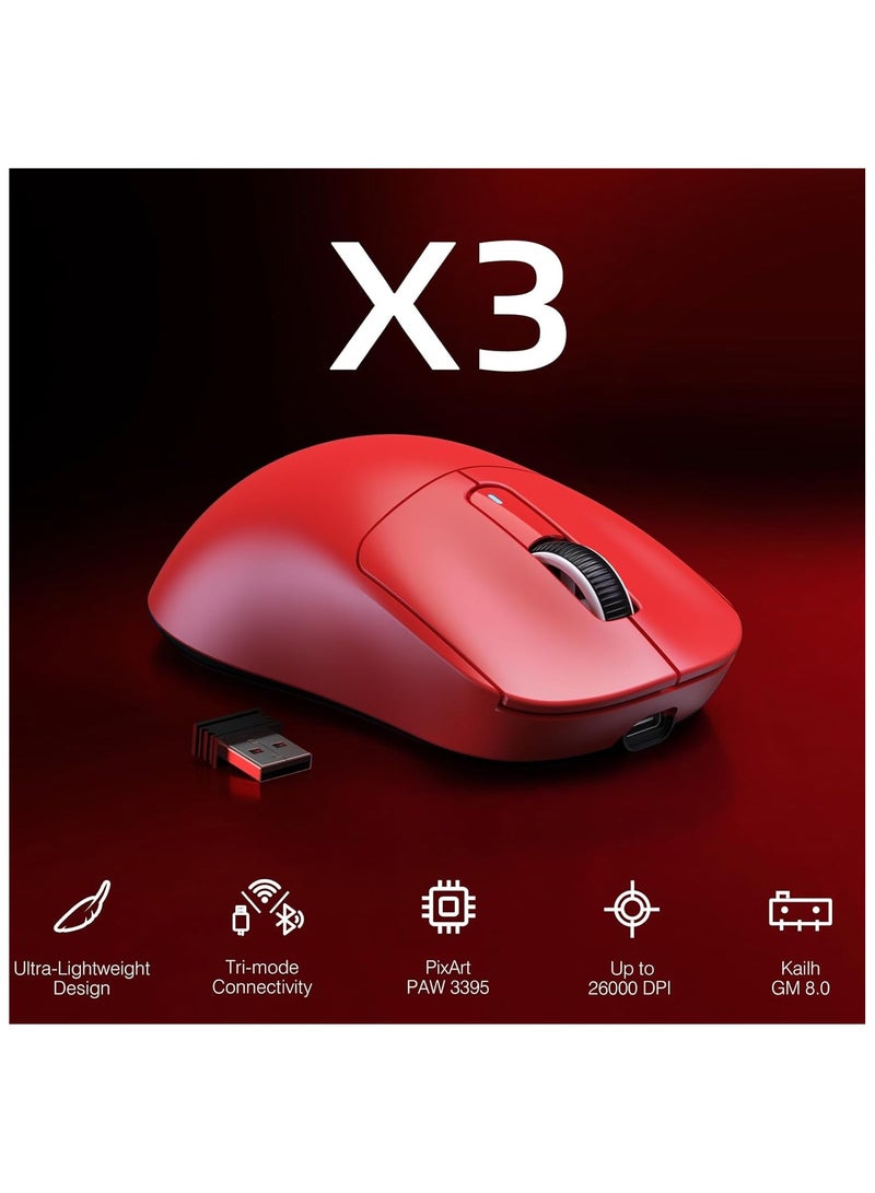 Attack Shark X3 Lightweight Wireless Gaming Mouse with Tri-Mode 2.4G/USB-C Wired/Bluetooth,26K DPI, PAW3395 Optical Sensor,Kailh GM8.0 Switch,5 programmable Buttons for PC/Win/Mac(Red) - Image 2