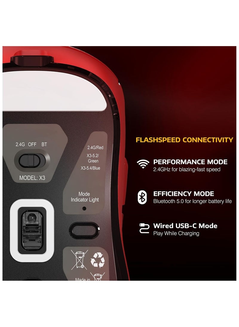 Attack Shark X3 Lightweight Wireless Gaming Mouse with Tri-Mode 2.4G/USB-C Wired/Bluetooth,26K DPI, PAW3395 Optical Sensor,Kailh GM8.0 Switch,5 programmable Buttons for PC/Win/Mac(Red) - Image 4