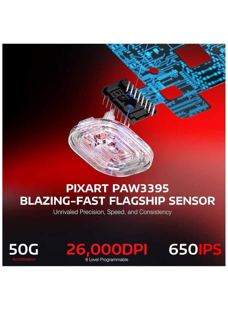 Attack Shark X3 Lightweight Wireless Gaming Mouse with Tri-Mode 2.4G/USB-C Wired/Bluetooth,26K DPI, PAW3395 Optical Sensor,Kailh GM8.0 Switch,5 programmable Buttons for PC/Win/Mac(Red) - Image 5