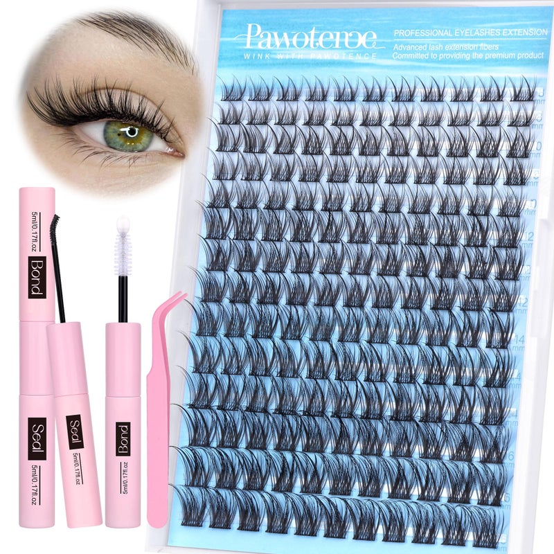 Pawotence Lash Clusters Kit Wispy Lash Extension Kit 816mm Natural Cluster Eyelash Extension Kit Individual Lashes 154pcs Eyelash Clusters with Lash Bond and Seal Lash Tweezers for Self Use