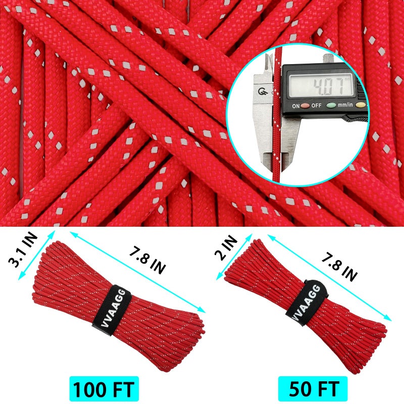 VVAAGG Reflective Paracord Rope 100FT, 7 Strand Nylon para Cord Lanyard Utility 550 Parachute Cord, 4mm Thin Tent Rope for Outdoor Camping Hiking (Red) - Image 2