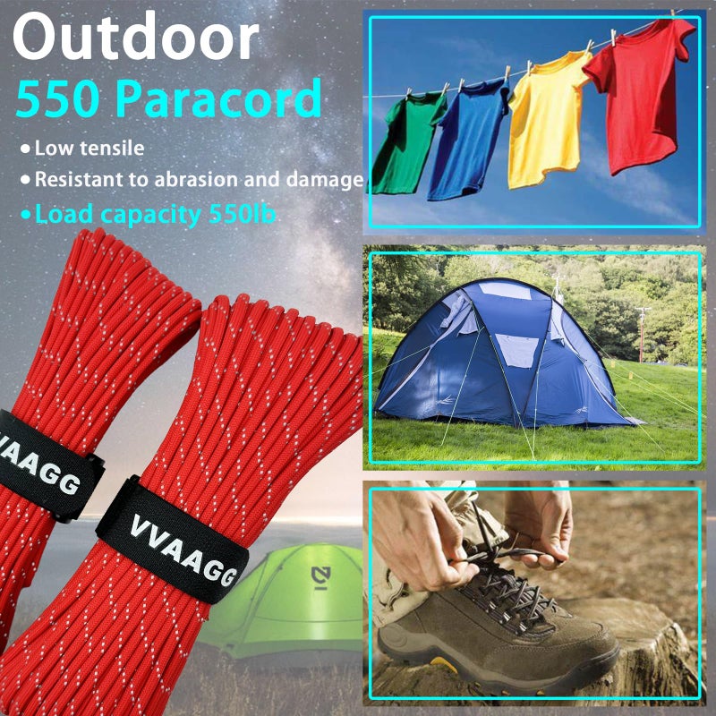 VVAAGG Reflective Paracord Rope 100FT, 7 Strand Nylon para Cord Lanyard Utility 550 Parachute Cord, 4mm Thin Tent Rope for Outdoor Camping Hiking (Red) - Image 4