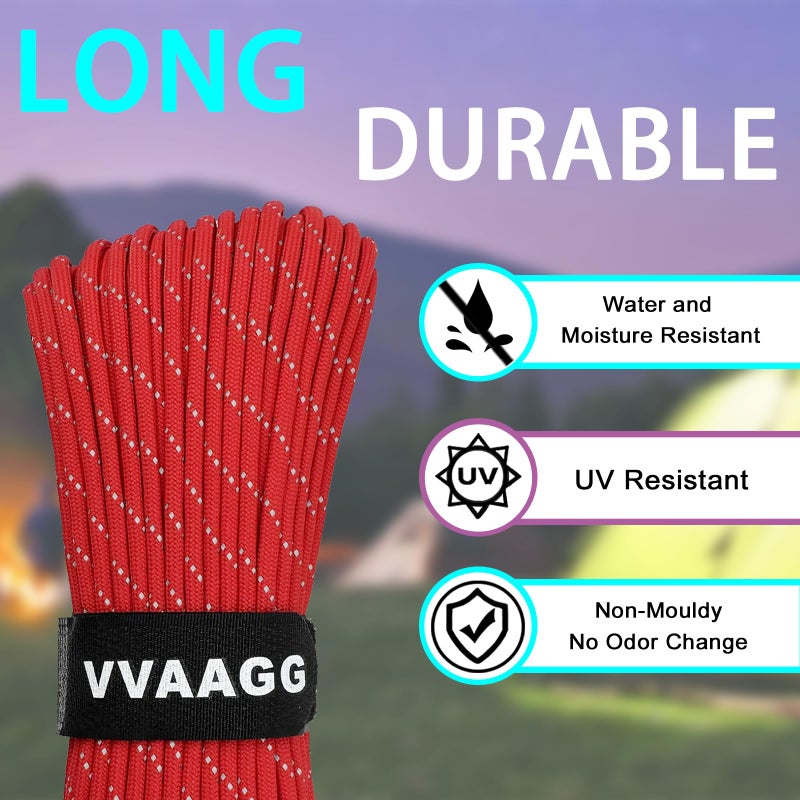 VVAAGG Reflective Paracord Rope 100FT, 7 Strand Nylon para Cord Lanyard Utility 550 Parachute Cord, 4mm Thin Tent Rope for Outdoor Camping Hiking (Red) - Image 3