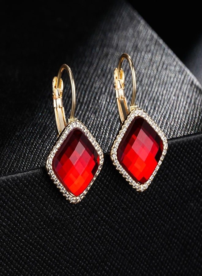 EVEVIC Austrian Crystal Halo Square Dangle Drop Leverback Earrings for Women Trendy 14K Gold Plated Jewelry Gifts for Anniversary (Red) - Image 3