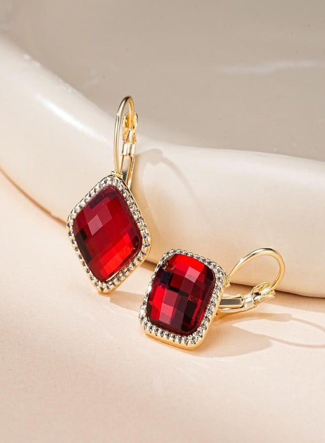 EVEVIC Austrian Crystal Halo Square Dangle Drop Leverback Earrings for Women Trendy 14K Gold Plated Jewelry Gifts for Anniversary (Red) - Image 5