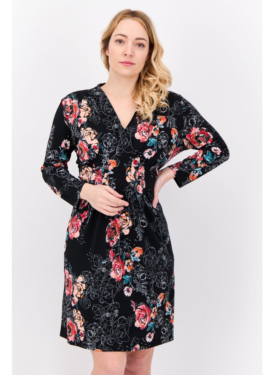 Catherine Malandrino Women Floral Print Long Sleeve Mini Dress, Black  - Image 1