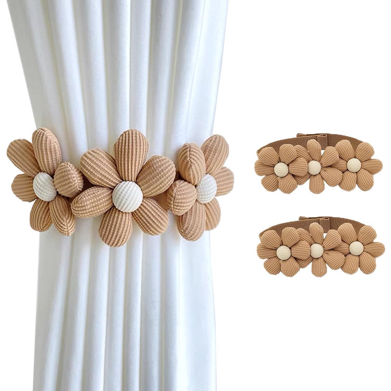 SRG Sunflower Curtain Tiebacks-2 Pack | Curtain Holdbacks with Three Flower | Curtain Tiebacks Boho | Japanese Curtain Ties | Cute Flower Curtain Ties Decorative for Bedroom Window Treatment （Khaki） - Image 1