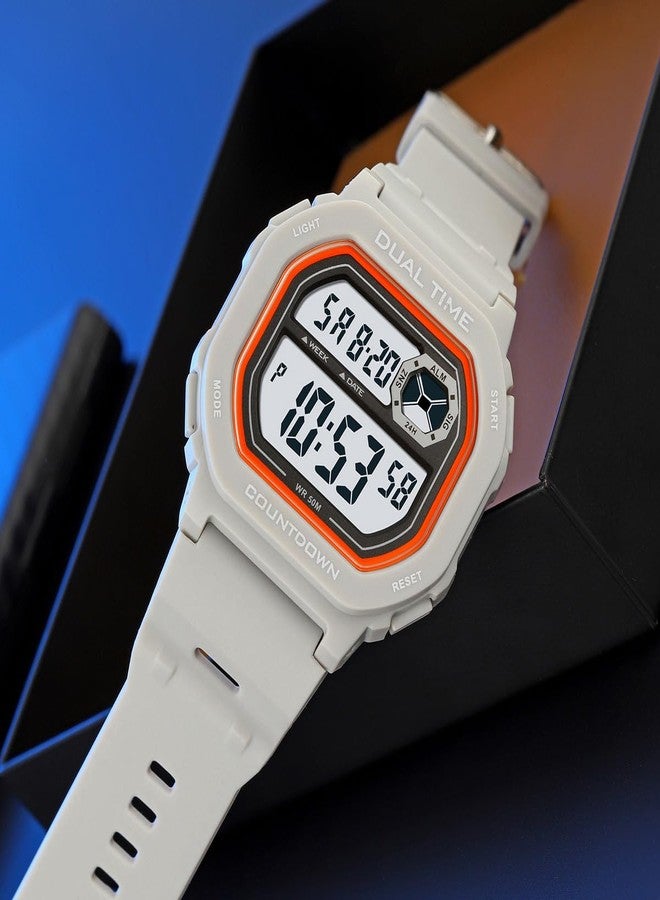 Reginald Watches for Men Fashion Trend Multifunction Waterproof Watch EL Backlight Digital Chronograph TPU Watch Strap Square Watches, Grey, Chronograph,Digital - Image 4