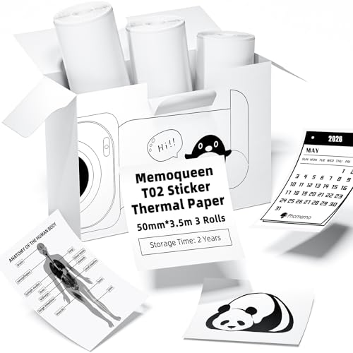 Memoqueen Phomemo T02 M02 White Adhesive 2" Thermal Sticker Paper, Labels Sticker Paper Receipt Printer Paper, 50mmx3.5m, for T02 M02 M02X S002 AHM2 X6 D21 Mini Sticker Printer, 3 Rolls - Image 1