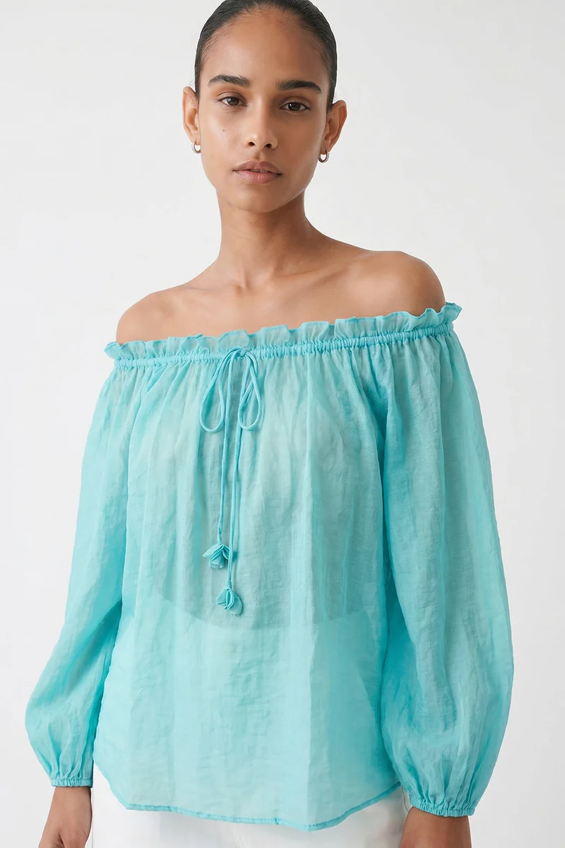 Exquise Long-sleeved, decorative lace-up, regular turquoise blouse