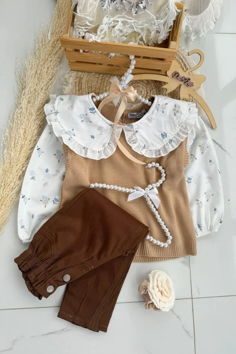 مينيمن جيجيليري My Little Ones (2-9 Years Old) Baby Collar Shirt Knitwear Girl 3-piece Set - Brown