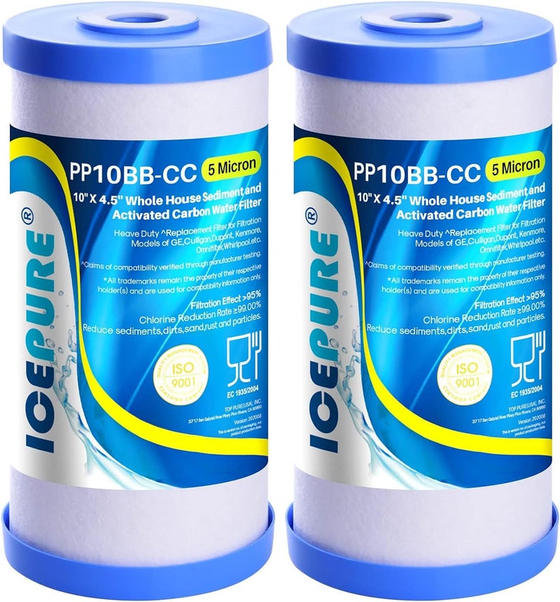 ICEPURE 5 Micron 10" x 4.5" Whole House Water Filter Compatible with GE FXHTC, GXWH40L, RFC-BBSA, W50PEHD, GXWH35F, GNWH38S, Dupont WFHD13001, R50-BB, Pack of 2 - Image 1