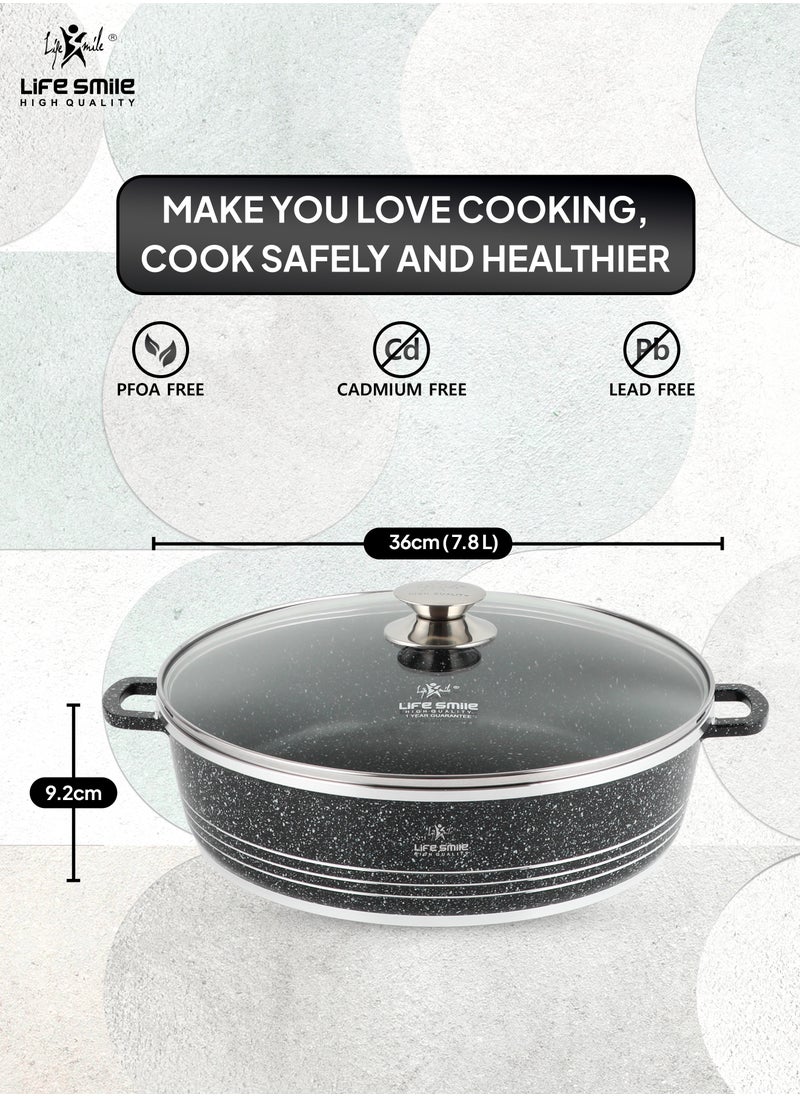 Life Smile 36cm (7.8 Liter) LIFE SMILE Shallow Pot with Lid | Non Stick PFOA FREE Granite Coating Frying Pan | Oven Safe | Dishwasher Safe | Double Handle (Black)  - Image 3