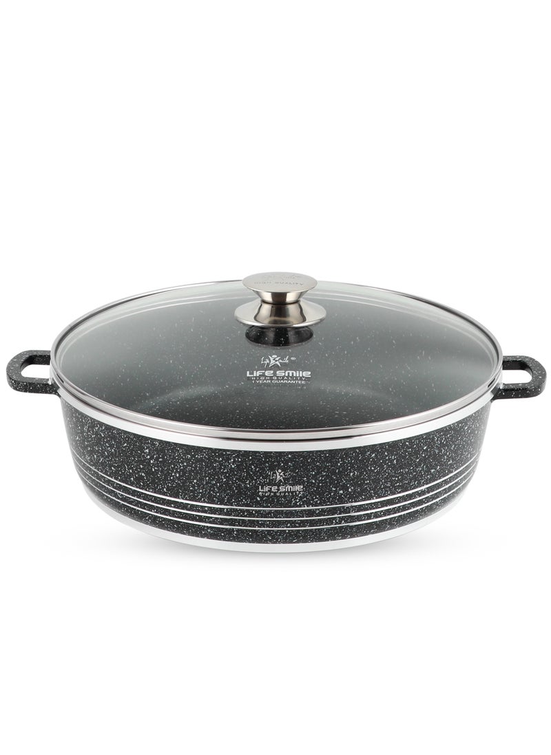 Life Smile 36cm (7.8 Liter) LIFE SMILE Shallow Pot with Lid | Non Stick PFOA FREE Granite Coating Frying Pan | Oven Safe | Dishwasher Safe | Double Handle (Black)  - Image 1