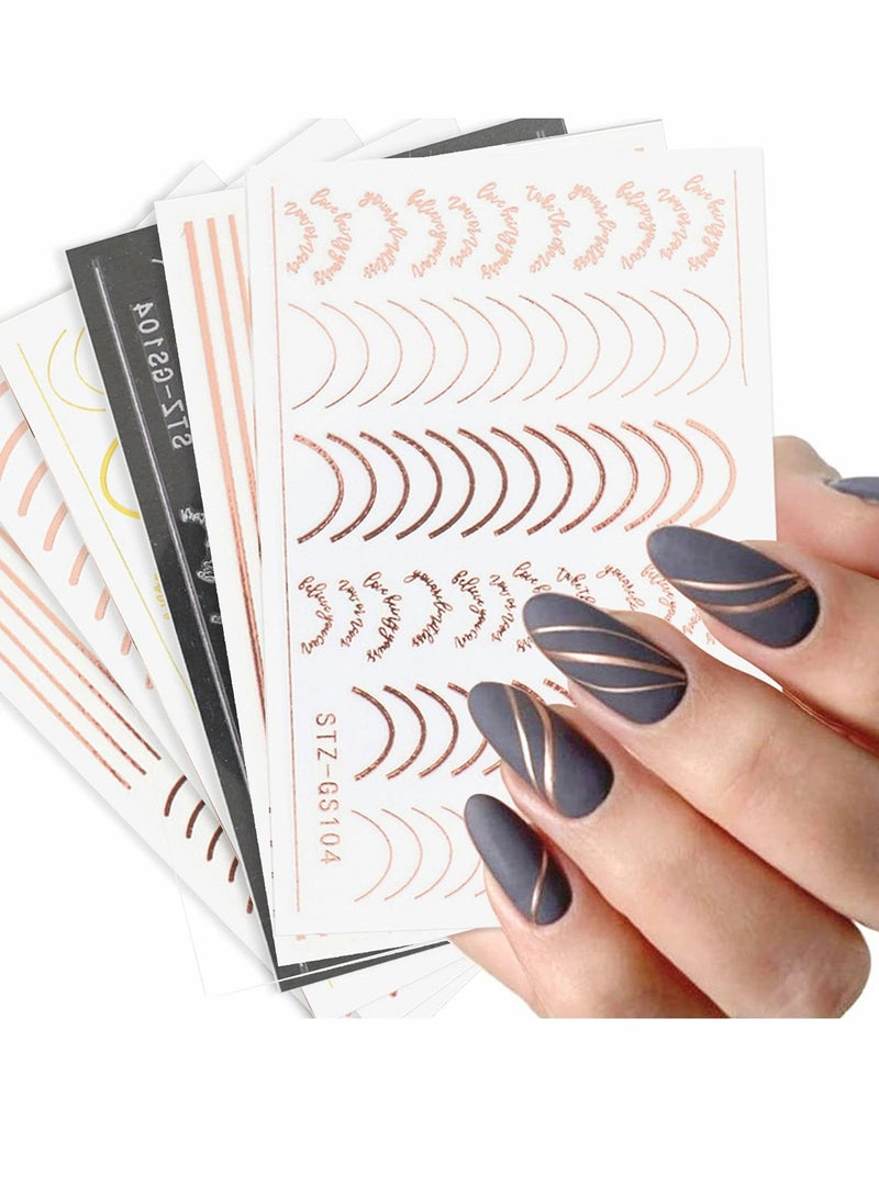 SOLARAE Nail Art Sticker 3D Metal Line Wavy Self-Adhesive Decal Rose Gold Silver Letter Stripe DIY Decoration Adhesive Design Accessories 6 Sheets - Image 1