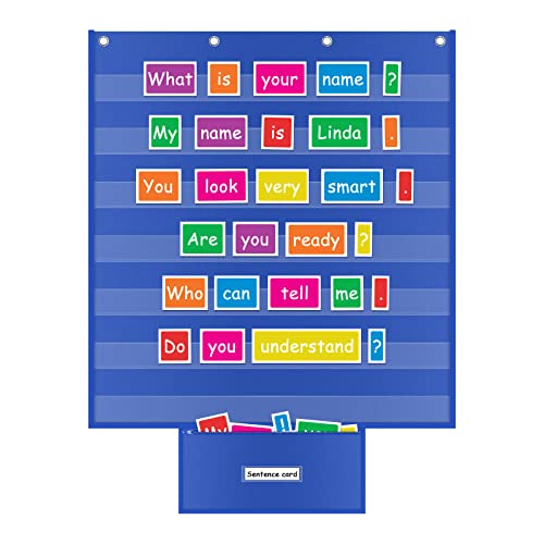 ALSLEA Standard Pocket Chart for Classroom with Zipper Storage Bag 28"x28" Wall Hanging File Display Pocket Chart with 7 Sentence Strips Holder Teacher Essential (Blue) - Image 1