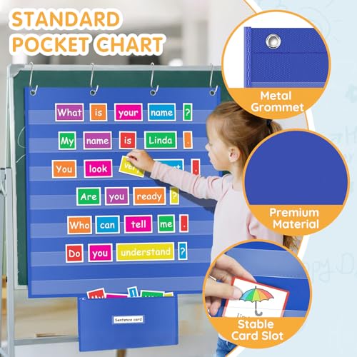 ALSLEA Standard Pocket Chart for Classroom with Zipper Storage Bag 28"x28" Wall Hanging File Display Pocket Chart with 7 Sentence Strips Holder Teacher Essential (Blue) - Image 4