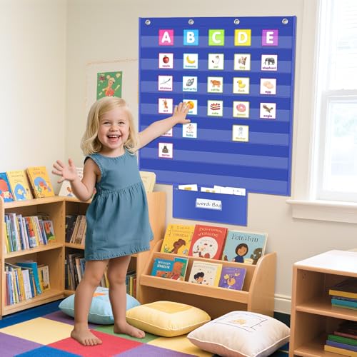 ALSLEA Standard Pocket Chart for Classroom with Zipper Storage Bag 28"x28" Wall Hanging File Display Pocket Chart with 7 Sentence Strips Holder Teacher Essential (Blue) - Image 5