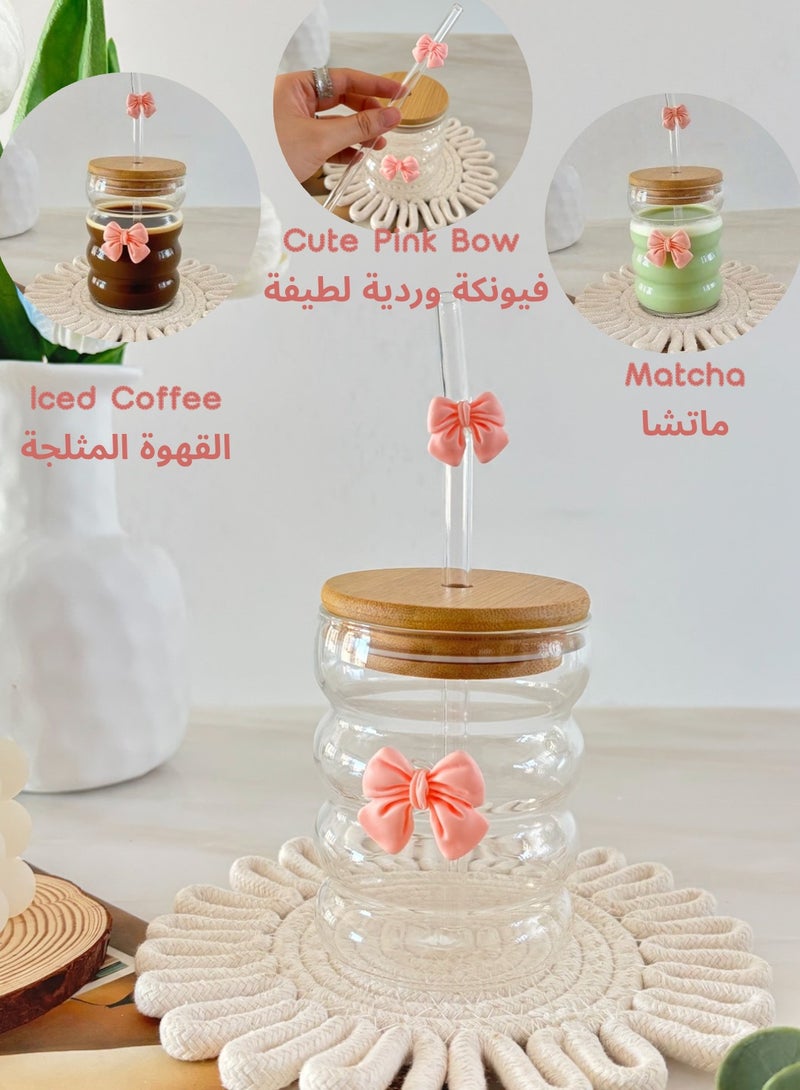 YOLOLAND Clear Glass Cup with Bamboo Lid and Straw 300ml with Pink bow Reusable Iced Coffee Cup  – Clear Drinking Glass for Tea, Juice, Matcha - Image 1