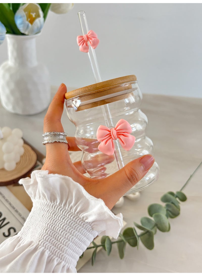 YOLOLAND Clear Glass Cup with Bamboo Lid and Straw 300ml with Pink bow Reusable Iced Coffee Cup  – Clear Drinking Glass for Tea, Juice, Matcha - Image 3