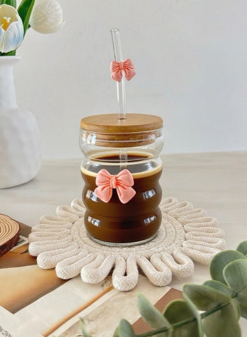 YOLOLAND Clear Glass Cup with Bamboo Lid and Straw 300ml with Pink bow Reusable Iced Coffee Cup  – Clear Drinking Glass for Tea, Juice, Matcha - Image 2