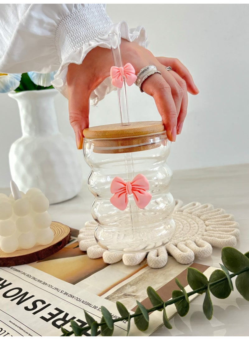 YOLOLAND Clear Glass Cup with Bamboo Lid and Straw 300ml with Pink bow Reusable Iced Coffee Cup  – Clear Drinking Glass for Tea, Juice, Matcha - Image 4