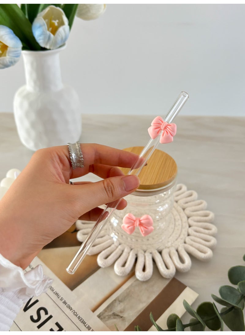 YOLOLAND Clear Glass Cup with Bamboo Lid and Straw 300ml with Pink bow Reusable Iced Coffee Cup  – Clear Drinking Glass for Tea, Juice, Matcha - Image 5