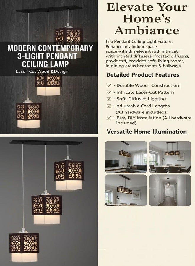 Areezo 3 Lights Wooden Ceiling Hanging Pendant for Home,Bedroom,Living Room,Kitchen,Hall,Decoration Pendants Ceiling Lamp (Brown) - Image 4