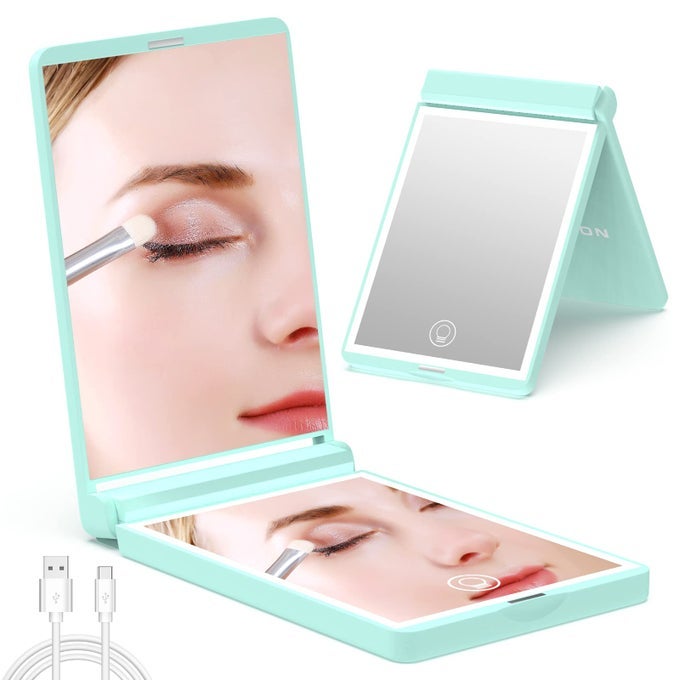 LIGHTED COMPACT MIRROR RECHARGEABLE TRAVEL MAKEUP MIRROR1X3X MAGNIFYING MIRROR WITH LED LIGHTS PORTABLE HANDHELD MAGNETIC SWITCH