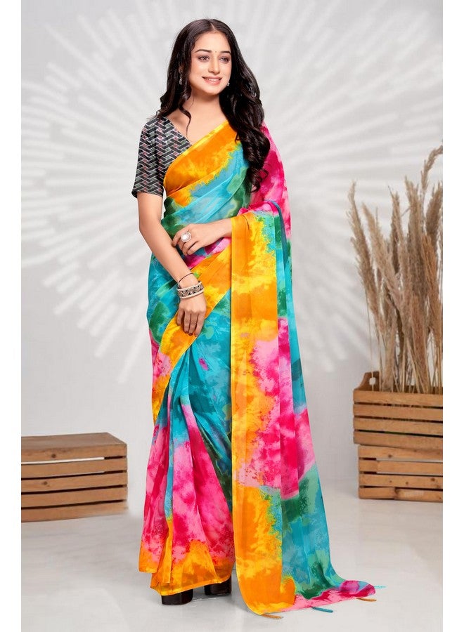 Women's Ready to Wear Sari for girls Soft Georgette 1 Minute Pre Pleated Draped Women Saree Alia Print Sadi (Multi Color) - Image 3