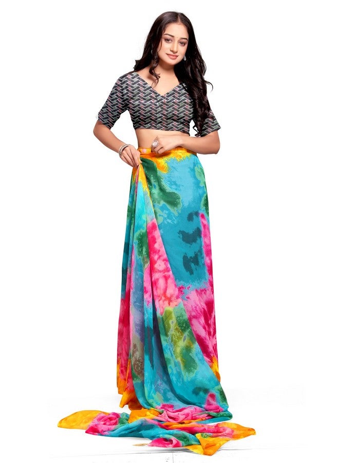 Women's Ready to Wear Sari for girls Soft Georgette 1 Minute Pre Pleated Draped Women Saree Alia Print Sadi (Multi Color) - Image 1