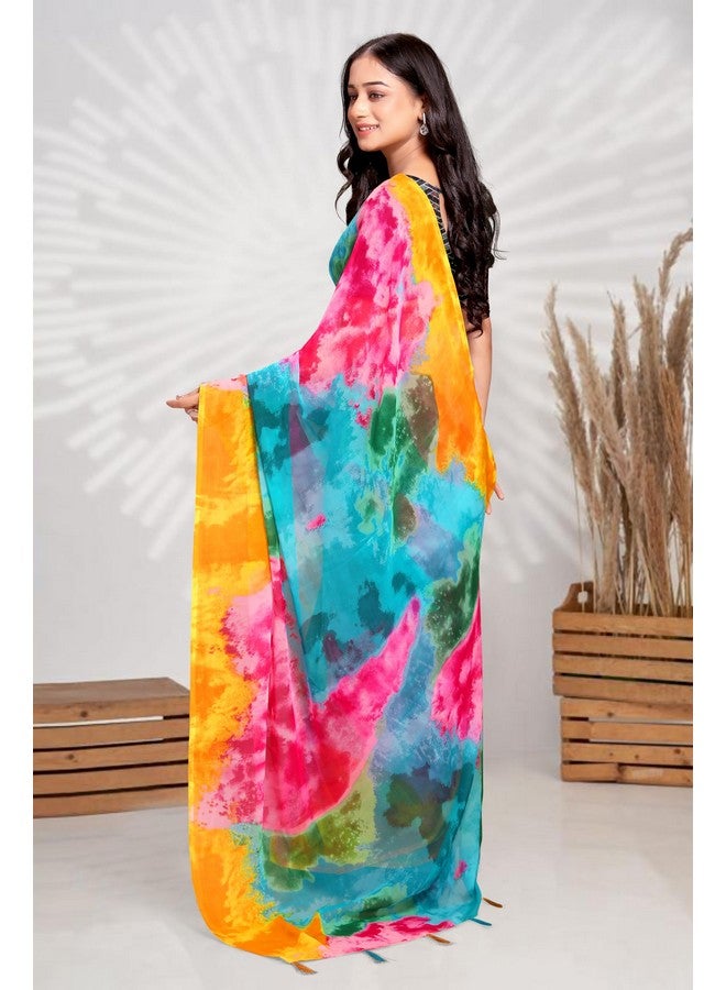 Women's Ready to Wear Sari for girls Soft Georgette 1 Minute Pre Pleated Draped Women Saree Alia Print Sadi (Multi Color) - Image 5