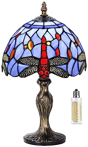 MIAOKE Stained Glass Table LampStained Glass Crystal Bead Style Table Light Handmade Desk Bedside Night Light Antique Art Craft Gifts Lover Living Room Bedroom BookcaseBlue Dragonfly - Image 1